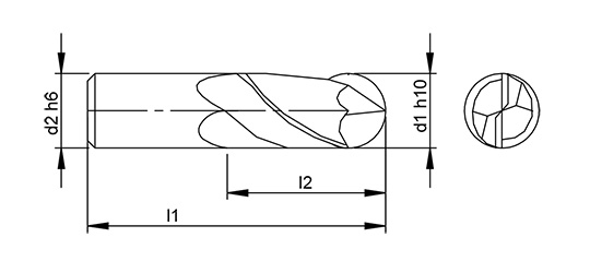  Aluminium 2 Flute Ballnose Slotdrill schematic drawing